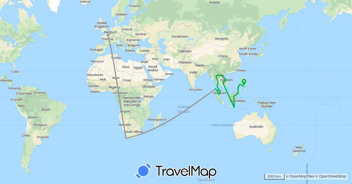 TravelMap itinerary: driving, bus, plane, boat in France, Indonesia, Cambodia, Laos, Malaysia, Philippines, Thailand, South Africa (Africa, Asia, Europe)